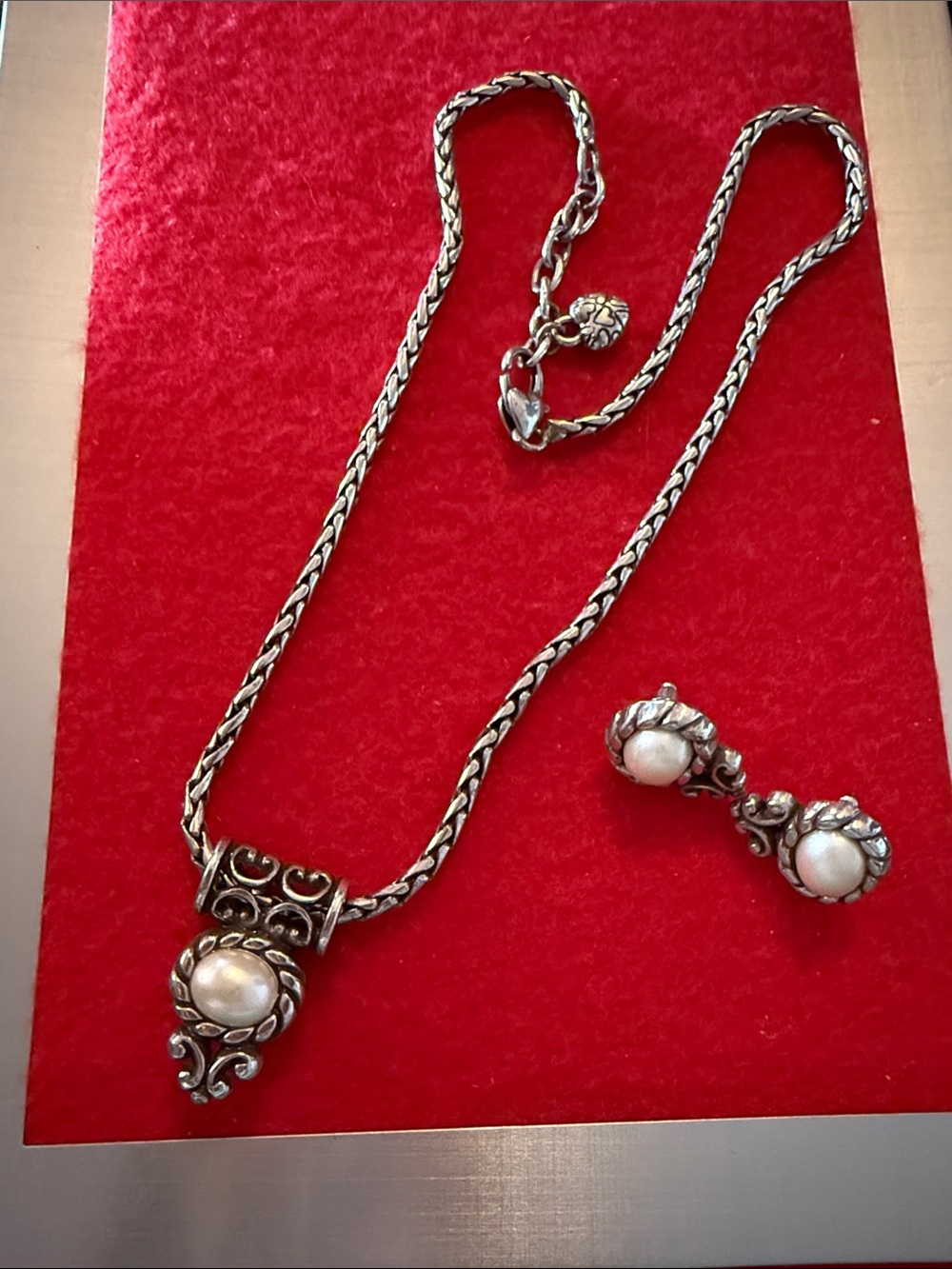Brighton Bali Pearl Collection Wheat Chain Pendant Necklace + Matching Drop Earr